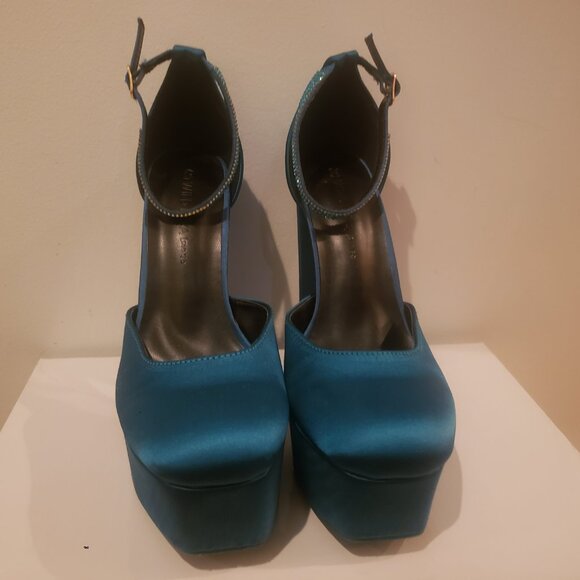 3/$24 Teal Satin Platform Block Heels - Picture 3 of 6